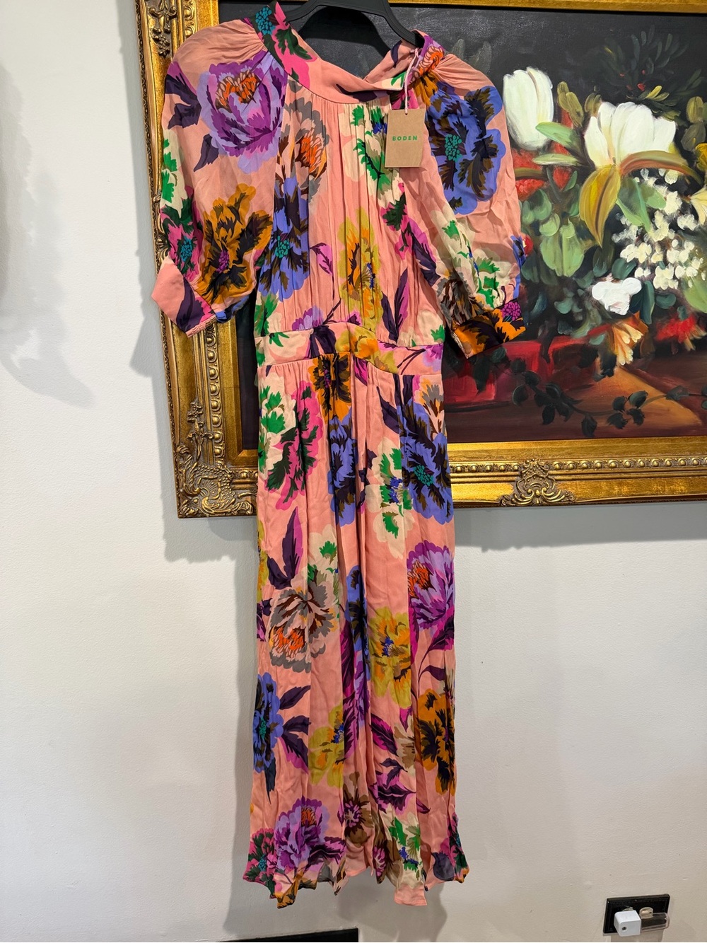 Boden Peach Floral Midi Dress with Purple and Yellow Blooms - Picture 2 of 6